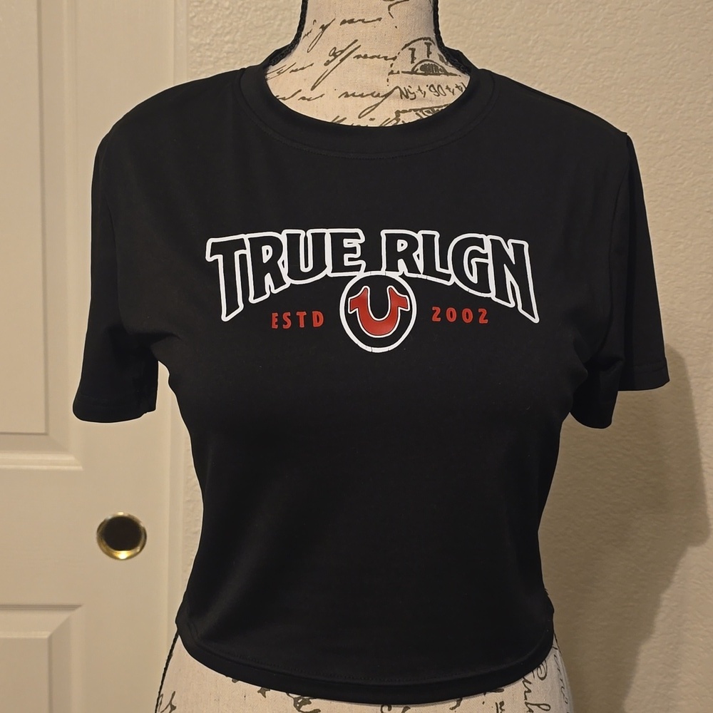 True Religion Womens Black Logo Crop Top T-Shirt Y2K Baby Tee Medium